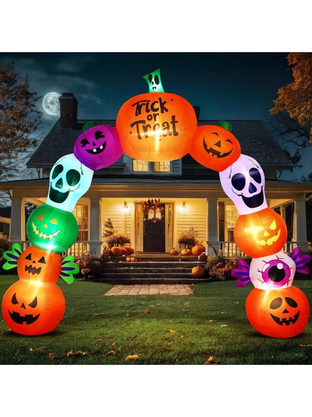 10FT Halloween Inflatables Pumpkin Skeleton Archway with Built-in LED Lights –